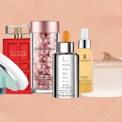 Kolekcja kosmetyków Elizabeth Arden: krem nawilżający, perfumy Red Door, serum z retinolem, serum Prevage, olejek Eight Hour i szminka.