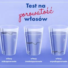 Test na porowatość włosów: niskoporowate unoszą się, średnioporowate toną powoli, wysokoporowate opadają na dno.