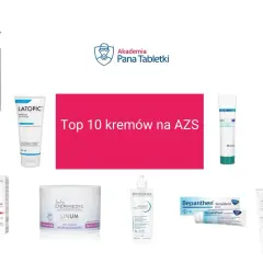 Krem na atopowe zapalenie skóry: kolekcja produktów do pielęgnacji skóry z AZS, w tym Lipikar, Latopic, Dexeryl i Bepanthen.