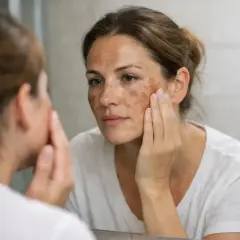 Kobieta z przebarwieniami na twarzy, zastanawia się co to jest melasma.