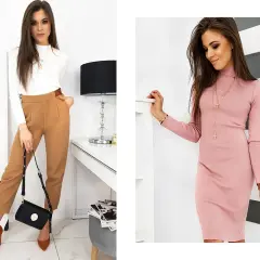 Kobieta w stylizacji podkreślającej figurę klepsydra: biały golf, brązowe spodnie i różowa sukienka.