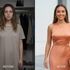 Przemiana z szarego t-shirtu w elegancką sukienkę w kolorze brzoskwiniowym.