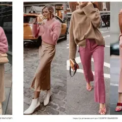 Kobiety w stylizacjach z różowymi swetrami i spodniami w odcieniach beżu, różu i brązu. Kolor ivory, czyli kości słoniowej, jest subtelnie obecny w dodatkach.