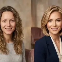 Przed i po: kobieta z burzą loków i bez makijażu po metamorfozie ma elegancki bob z grzywką i profesjonalny makijaż.
