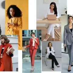 Kobiety w stylizacjach business casual: garnitury, marynarki i eleganckie spodnie. Inspiracje do pracy.