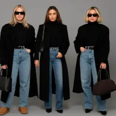 Trzy kobiety w czarnych płaszczach i jeansach prezentują stylowe stylizacje z jeansami.