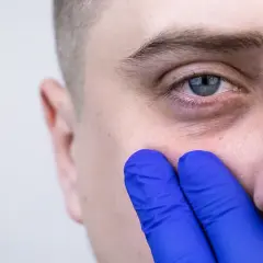 Dłoń w niebieskiej rękawiczce delikatnie dotyka skóry pod okiem, sugerując poszukiwanie rozwiązań, jak pozbyć się worków pod oczami.
