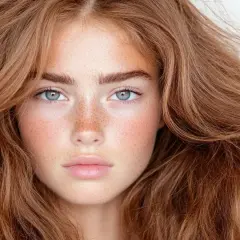 Rudowłosa dziewczyna z piegami i nieokiełznanymi, **messy hair**, patrzy wprost.
