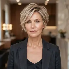 Elegancka kobieta po 40-tce z krótką, stylową fryzurą pixie, która dodaje jej młodzieńczego uroku.