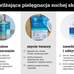 Płyn micelarny, maska i serum z mleczanem sodu do nawilżania suchej skóry.