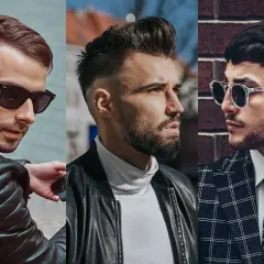 Trzech mężczyzn w stylowych fryzurach. Jeden z nich ma french crop, drugi zaczesane włosy, a trzeci krótkie włosy z grzywką.