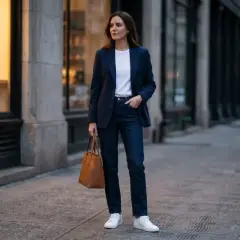 Kobieta w granatowej marynarce i jeansach, z brązową torbą, prezentuje styl smart casual.