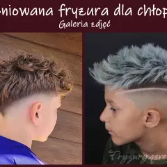 Dwa stylowe cięcia dla chłopców: kręcone włosy z cieniowanym tyłem i niebieskie pasma z wygolonym wzorem. Idealne modne fryzury dla chłopców 8 lat.