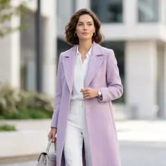 Elegancka kobieta w płaszczu w kolorze liliowym, białej bluzce i spodniach, z szarą torebką, idzie ulicą.