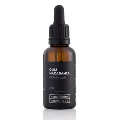 Butelka z ciemnego szkła z pipetą, zawierająca olej makadamia 100% Organic. Idealny do olejowania włosów.