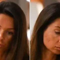 Dwie fotografie twarzy kobiety, ukazujące efekt solarium przed i po. Widać subtelną zmianę odcienia skóry.