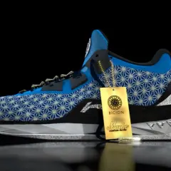 Niebieskie buty sportowe z białym wzorem, ozdobione diamentami i złotą metką. Prawdopodobnie najdroższe buty na świecie.