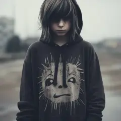 Młoda osoba w bluzie z kapturem, z charakterystyczną fryzurą i makijażem, w stylu emo, stoi na tle miejskiego krajobrazu.