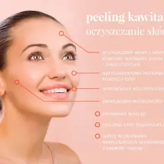 Uśmiechnięta kobieta z promienną cerą, idealna po zabiegi na twarz, jakim jest peeling kawitacyjny.