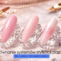 Porównanie żelu, akrylu i akrylożelu. Trzy stylizacje paznokci w pastelowych odcieniach, ozdoby i pędzel.