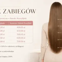 Cennik zabiegów: nanoplastia od 500 zł, keratyna od 400 zł. Długość włosów wpływa na cenę.