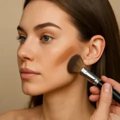 Modelka w makijażu, aplikacja bronzera na policzki. To celimax perfekcyjnego konturowania.