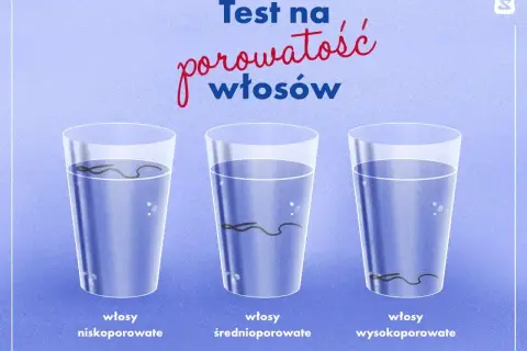 Test na porowatość włosów: niskoporowate unoszą się, średnioporowate toną powoli, wysokoporowate opadają na dno.