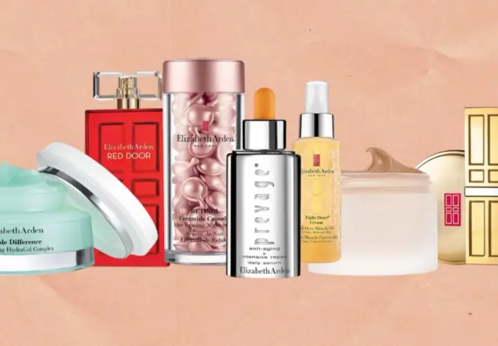 Kolekcja kosmetyków Elizabeth Arden: krem nawilżający, perfumy Red Door, serum z retinolem, serum Prevage, olejek Eight Hour i szminka.