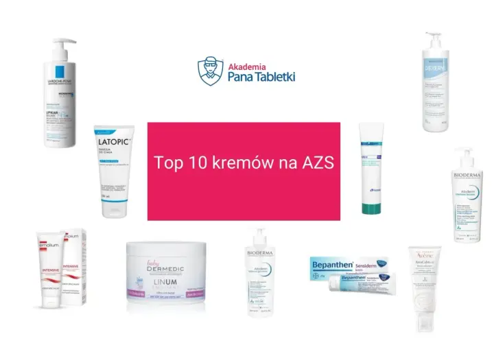 Krem na atopowe zapalenie skóry: kolekcja produktów do pielęgnacji skóry z AZS, w tym Lipikar, Latopic, Dexeryl i Bepanthen.