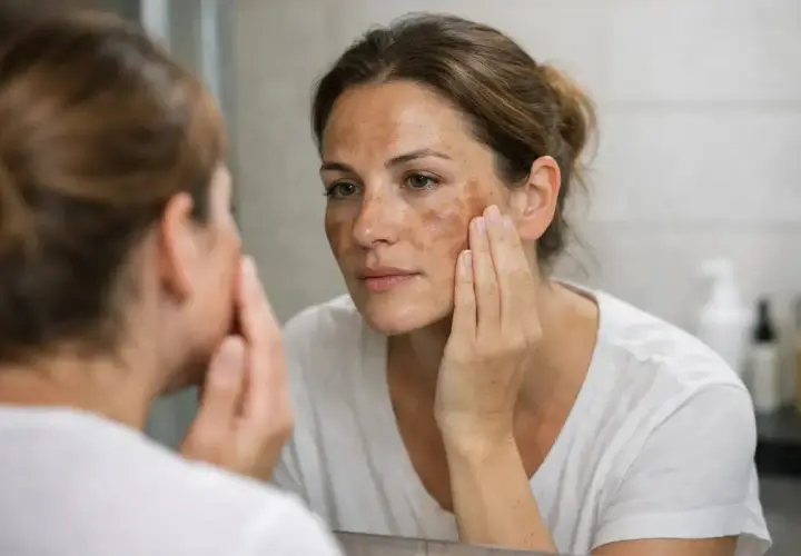 Kobieta z przebarwieniami na twarzy, zastanawia się co to jest melasma.