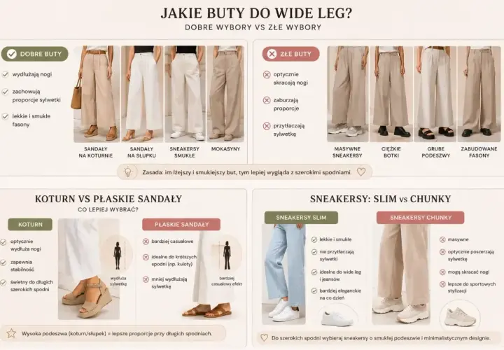 Jakie buty do szerokich eleganckich spodni? Wybieraj lekkie, smukłe koturny, sandały na słupku lub sneakersy slim. Unikaj masywnych, ciężkich butów.