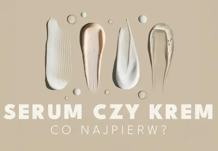 Smugi kremów i serum na beżowym tle. Pytanie brzmi: najpierw serum czy krem?