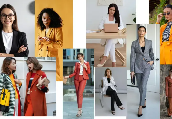 Kobiety w stylizacjach business casual: garnitury, marynarki i eleganckie spodnie. Inspiracje do pracy.