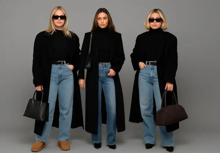 Trzy kobiety w czarnych płaszczach i jeansach prezentują stylowe stylizacje z jeansami.