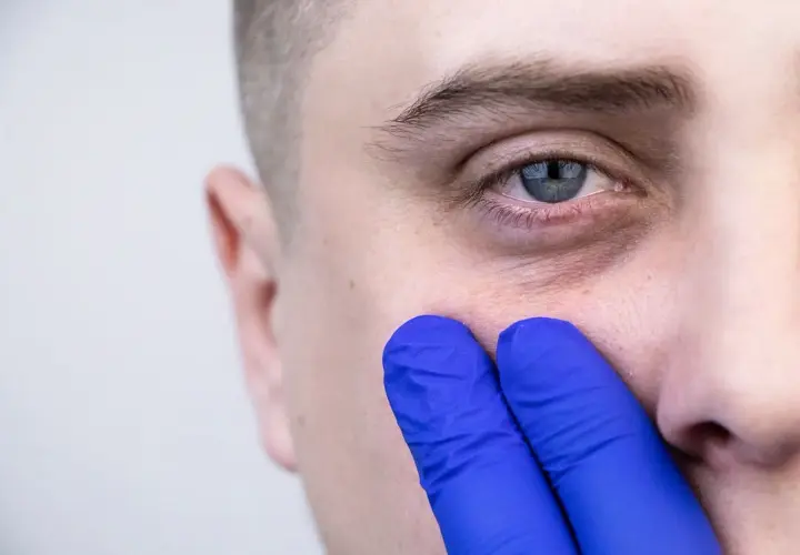 Dłoń w niebieskiej rękawiczce delikatnie dotyka skóry pod okiem, sugerując poszukiwanie rozwiązań, jak pozbyć się worków pod oczami.