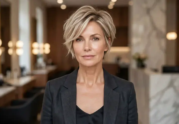 Elegancka kobieta po 40-tce z krótką, stylową fryzurą pixie, która dodaje jej młodzieńczego uroku.