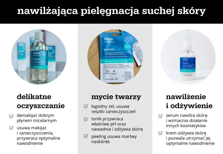 Płyn micelarny, maska i serum z mleczanem sodu do nawilżania suchej skóry.