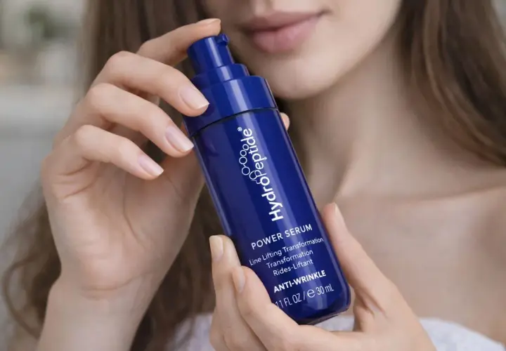 Kwas hialuronowy w serum HydroPeptide. Jak stosować? Delikatne dłonie trzymają buteleczkę z pompką, gotową do aplikacji.