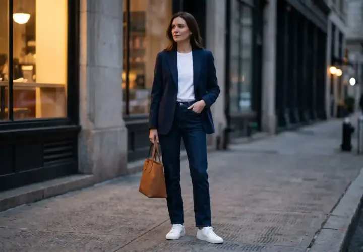 Kobieta w granatowej marynarce i jeansach, z brązową torbą, prezentuje styl smart casual.