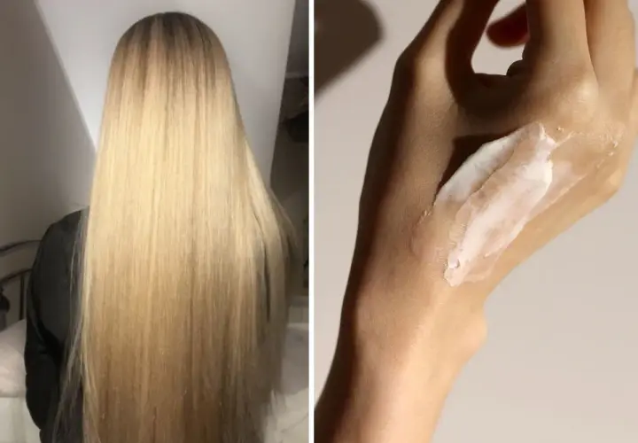 Długie, blond włosy i biały krem na dłoni, być może efekt pielęgnacji Isana Plex.