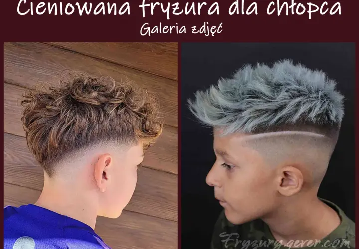 Dwa stylowe cięcia dla chłopców: kręcone włosy z cieniowanym tyłem i niebieskie pasma z wygolonym wzorem. Idealne modne fryzury dla chłopców 8 lat.