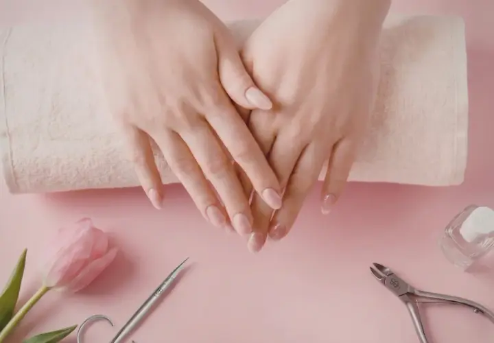 Delikatne dłonie po perfekcyjnym manicure kombinowanym. Obok różowy tulipan, cążki i buteleczka z płynem.
