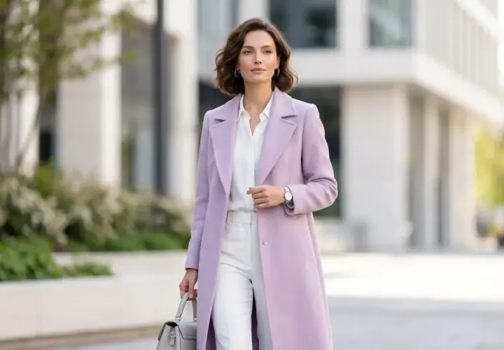 Elegancka kobieta w płaszczu w kolorze liliowym, białej bluzce i spodniach, z szarą torebką, idzie ulicą.