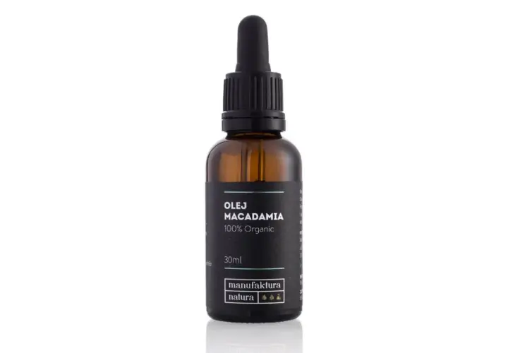 Butelka z ciemnego szkła z pipetą, zawierająca olej makadamia 100% Organic. Idealny do olejowania włosów.