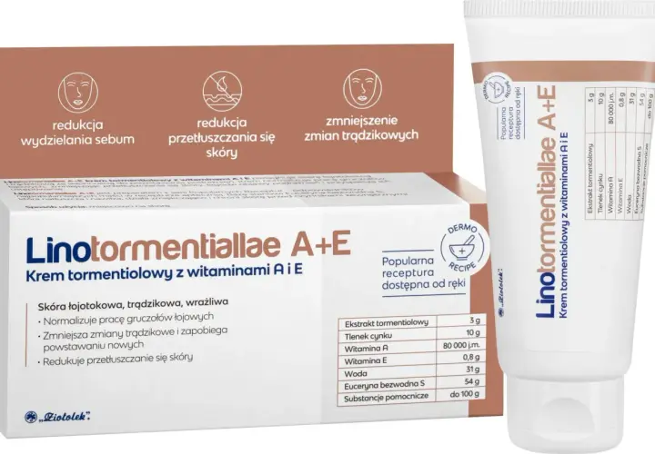Krem Linotormentiallae A+E z witaminami A i E redukuje przetłuszczanie skóry, zmniejsza zmiany trądzikowe i łagodzi podrażnienia.