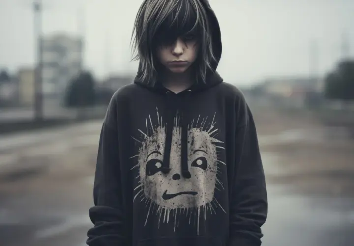 Młoda osoba w bluzie z kapturem, z charakterystyczną fryzurą i makijażem, w stylu emo, stoi na tle miejskiego krajobrazu.