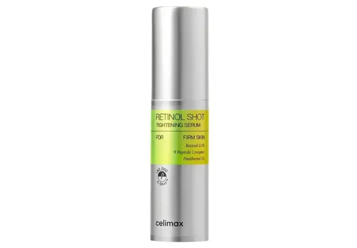Srebrna buteleczka z serum celimax retinal shot. Zawiera retinol 0.1%, peptydy i pantenol dla jędrnej skóry.