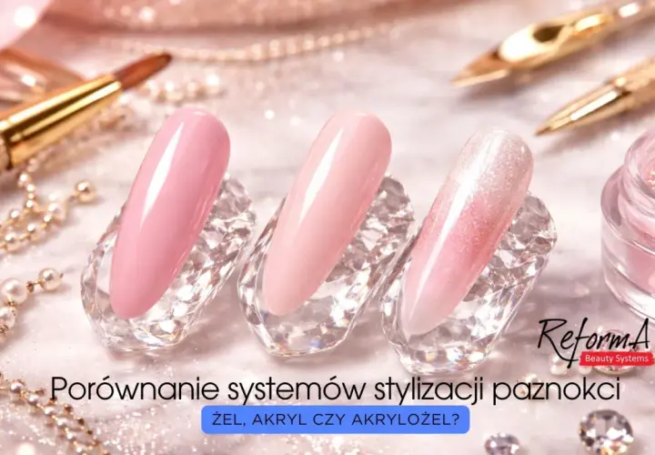 Porównanie żelu, akrylu i akrylożelu. Trzy stylizacje paznokci w pastelowych odcieniach, ozdoby i pędzel.