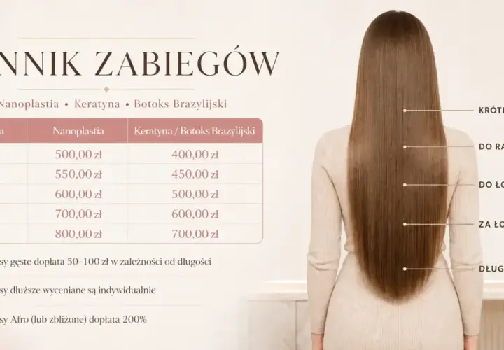 Cennik zabiegów: nanoplastia od 500 zł, keratyna od 400 zł. Długość włosów wpływa na cenę.