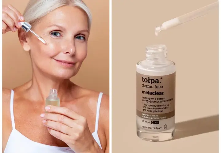 Kobieta aplikuje serum z kwasem traneksamowym na twarz. Produkt to tołpa. dermo face melaclear.